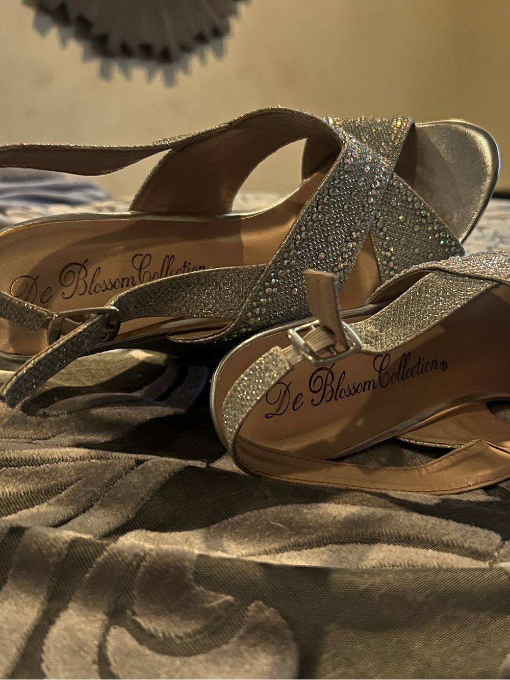 ~De Blossom Collection Silver Crisscross Slingback Heels w/Rhinestone Accents~
